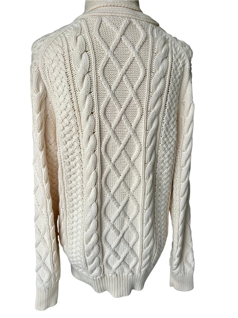 J.Crew Mens M Ivory Fisherman Cable Knit Cotton Shawl Collar Pullover Sweater